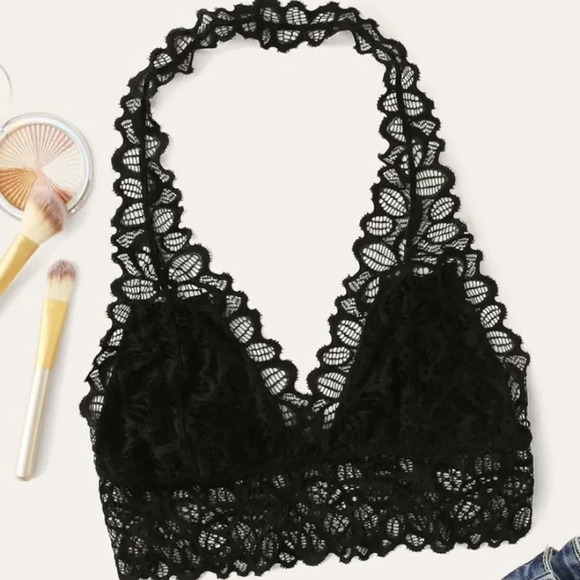 NEW! Black Flower Lace Halter Bralette - Picture 5 of 8